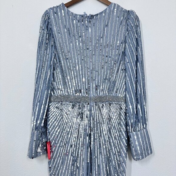 Mac Duggal Silver Sequin Long Sleeve V Neck Elegant Evening Gown Black Tie‎ 10 - Picture 4 of 14